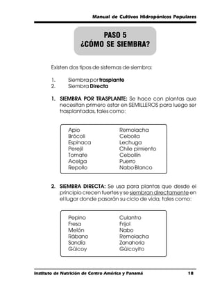 Manual de Cultivos Hidropónicos Populares



                         PASO 5
                    ¿CÓMO SE SIEMBRA?

       Existen dos tipos de sistemas de siembra:

       1.      Siembra por trasplante
       2.      Siembra Directa

       1. SIEMBRA POR TRASPLANTE: Se hace con plantas que
          necesitan primero estar en SEMILLEROS para luego ser
          trasplantadas, tales como:


               Apio                   Remolacha
               Brócoli                Cebolla
               Espinaca               Lechuga
               Perejil                Chile pimiento
               Tomate                 Cebollín
               Acelga                 Puerro
               Repollo                Nabo Blanco


       2. SIEMBRA DIRECTA: Se usa para plantas que desde el
          principio crecen fuertes y se siembran directamente en
          el lugar donde pasarán su ciclo de vida, tales como:


               Pepino                 Culantro
               Fresa                  Frijol
               Melón                  Nabo
               Rábano                 Remolacha
               Sandía                 Zanahoria
               Güicoy                 Güicoyito



Instituto de Nutrición de Centro América y Panamá              18
 