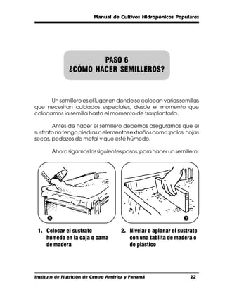Manual de Cultivos Hidropónicos Populares




                       PASO 6
               ¿CÓMO HACER SEMILLEROS?


      Un semillero es el lugar en donde se colocan varias semillas
que necesitan cuidados especiales, desde el momento que
colocamos la semilla hasta el momento de trasplantarla.

       Antes de hacer el semillero debemos asegurarnos que el
sustrato no tenga piedras o elementos extraños como: palos, hojas
secas, pedazos de metal y que esté húmedo.

       Ahora sigamos los siguientes pasos, para hacer un semillero:




     Œ                                                          
 1. Colocar el sustrato               2. Nivelar o aplanar el sustrato
    húmedo en la caja o cama             con una tablita de madera o
    de madera                            de plástico




Instituto de Nutrición de Centro América y Panamá                   22
 
