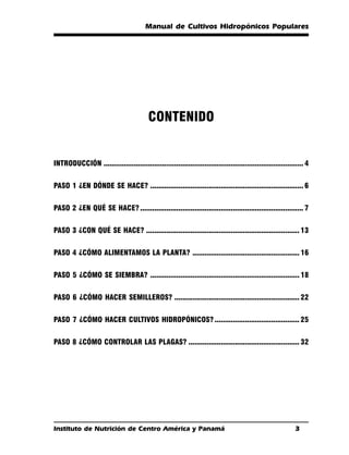 Manual de Cultivos Hidropónicos Populares




                                          CONTENIDO


INTRODUCCIÓN ................................................................................................... 4


PASO 1 ¿EN DÓNDE SE HACE? ............................................................................ 6


PASO 2 ¿EN QUÉ SE HACE? ................................................................................. 7


PASO 3 ¿CON QUÉ SE HACE? ............................................................................ 13


PASO 4 ¿CÓMO ALIMENTAMOS LA PLANTA? ..................................................... 16


PASO 5 ¿CÓMO SE SIEMBRA? .......................................................................... 18


PASO 6 ¿CÓMO HACER SEMILLEROS? .............................................................. 22


PASO 7 ¿CÓMO HACER CULTIVOS HIDROPÓNICOS? .......................................... 25


PASO 8 ¿CÓMO CONTROLAR LAS PLAGAS? ....................................................... 32




Instituto de Nutrición de Centro América y Panamá                                                           3
 