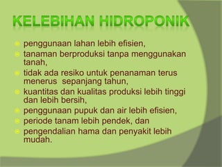 ⦿ penggunaan lahan lebih efisien,
⦿ tanaman berproduksi tanpa menggunakan
tanah,
⦿ tidak ada resiko untuk penanaman terus
menerus sepanjang tahun,
⦿ kuantitas dan kualitas produksi lebih tinggi
dan lebih bersih,
⦿ penggunaan pupuk dan air lebih efisien,
⦿ periode tanam lebih pendek, dan
⦿ pengendalian hama dan penyakit lebih
mudah.
 