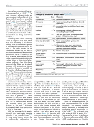 Both tachyarrhythmias and bradyar-
rhythmias can lead to NIHF.14,20
The
most common tachyarrhythmias are
supraventricular tachycardia and atrial
ﬂutter, and both can often be successfully
treated with transplacental medical
therapy.14,19,20
We recommend maternal
treatment with antiarrhythmic medica-
tions for NIHF secondary to fetal
tachyarrhythmia unless the gestational
age is close to term or there is a maternal
or obstetrical contraindication. Medica-
tion selection and dosing are reviewed
elsewhere.21
Fetal bradycardia is most commonly
caused by congenital heart block, which
may occur secondary to an immune
etiology such as transplacental passage
of anti-Sjogren’s-syndrome-related an-
tigen A, also called anti-Ro, or the
combination anti-Ro/SSA and anti-La/
SSB antibodies associated with maternal
autoimmune disease. It may also result
from structural abnormalities affecting
cardiac conduction, as with endocardial
cushion defects in the setting of a het-
erotaxy syndrome. Once third-degree
atrioventricular block has developed,
treatment with corticosteroid therapy
has not been shown to be beneﬁcial, and
in the setting of hydrops the prognosis is
poor.22
For this reason, in-utero therapy
for fetal bradyarrhythmia resulting in
hydrops is considered investigational
and is not generally recommended
outside of a research setting.
Chromosomal abnormalities, particu-
larly Turner syndrome (45,X) and Down
syndrome (trisomy 21) are also common
causes of NIHF, accounting for 13% in
a large systematic review.13
In prenatal
series, aneuploidy is the most common
cause of NIHF, particularly when iden-
tiﬁed early in gestation.4,5,12
Turner
syndrome is associated with 50-80%
of cases of cystic hygromas, which result
from a lack of communication between
the lymphatic system and venous
drainage in the neck.23
Lymphatic
dysplasia likely leads to the development
of NIHF in these cases.
NIHF has been described in associa-
tion with other aneuploidies, including
trisomies 13 and 18, and triploidy.24-27
In some cases, hydrops occurs due
to cardiovascular malformations in
aneuploid fetuses. NIHF has also been
reported in trisomy 21 in the absence of
structural heart defects.24,25,27,28
Some
such cases occur due to a transient
abnormal myelopoiesis, a leukemic
condition that occurs in about 10%
of infants with Down syndrome.25,27
Postnatally, transient abnormal myelo-
poiesis is often mild and self-limiting;
prenatally, it is less common but typi-
cally more severe. For these reasons,
we recommend that NIHF is an indica-
tion to offer prenatal diagnosis with
karyotype, ﬂuorescence in situ hybridi-
zation, and/or chromosomal microarray
analysis, even when severe anemia
is present (Figure 2). Screening with
noninvasive prenatal testing may detect
some chromosomal causes but provides
more limited information about
possible genetic etiologies, and therefore
we recommend diagnostic testing.
Fetal anemia, which can result in
immune hydrops if caused by blood
group alloimmunization, can also lead
to NIHF. Etiologies include inherited
conditions such as hemoglobinopathies,
as well as acquired conditions, such as
hemolysis, fetomaternal hemorrhage,
parvovirus infection, or red cell aplasia.
Among the hemoglobinopathies, the
most common cause of NIHF is alpha
thalassemia. This autosomal recessive
disorder is common in Southeast Asian
populations, where it accounts for 28-
55% of NIHF.29,30
The incidence in most
other series of NIHF is about 10%.13
Parents can be screened by evaluation
of the mean cell volume, which will be
<80 fL in thalassemia carriers. Deﬁnitive
TABLE 1
Etiologies of nonimmune hydrops fetalis6,11,12,14,75
Cause Cases Mechanism
Cardiovascular 17-35% Increased central venous pressure
Chromosomal 7-16% Cardiac anomalies, lymphatic dysplasia, abnormal
myelopoiesis
Hematologic 4-12% Anemia, high output cardiac failure; hypoxia (alpha
thalassemia)
Infectious 5-7% Anemia, anoxia, endothelial cell damage, and
increased capillary permeability
Thoracic 6% Vena caval obstruction or increased intrathoracic
pressure with impaired venous return
Twin-twin transfusion 3-10% Hypervolemia and increased central venous pressure
Urinary tract abnormalities 2-3% Urinary ascites; nephrotic syndrome with
hypoproteinemia
Gastrointestinal 0.5-4% Obstruction of venous return; gastrointestinal
obstruction and infarction with protein loss and
decreased colloid osmotic pressure
Lymphatic dysplasia 5-6% Impaired venous return
Tumors, including
chorioangiomas
2-3% Anemia, high output cardiac failure, hypoproteinemia
Skeletal dysplasias 3-4% Hepatomegaly, hypoproteinemia, impaired venous
return
Syndromic 3-4% Various
Inborn errors of
metabolism
1-2% Visceromegaly and obstruction of venous return,
decreased erythropoiesis and anemia, and/or
hypoproteinemia
Miscellaneous 3-15%
Unknown 15-25%
SMFM. Nonimmune hydrops fetalis. Am J Obstet Gynecol 2015.
ajog.org SMFM Clinical Guideline
FEBRUARY 2015 American Journal of Obstetrics & Gynecology 129
 