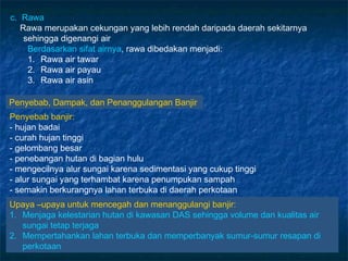 c. Rawa
   Rawa merupakan cekungan yang lebih rendah daripada daerah sekitarnya
    sehingga digenangi air
     Berdasarkan sifat airnya, rawa dibedakan menjadi:
     1. Rawa air tawar
     2. Rawa air payau
     3. Rawa air asin

Penyebab, Dampak, dan Penanggulangan Banjir
Penyebab banjir:
- hujan badai
- curah hujan tinggi
- gelombang besar
- penebangan hutan di bagian hulu
- mengecilnya alur sungai karena sedimentasi yang cukup tinggi
- alur sungai yang terhambat karena penumpukan sampah
- semakin berkurangnya lahan terbuka di daerah perkotaan
Upaya –upaya untuk mencegah dan menanggulangi banjir:
1. Menjaga kelestarian hutan di kawasan DAS sehingga volume dan kualitas air
   sungai tetap terjaga
2. Mempertahankan lahan terbuka dan memperbanyak sumur-sumur resapan di
   perkotaan
 