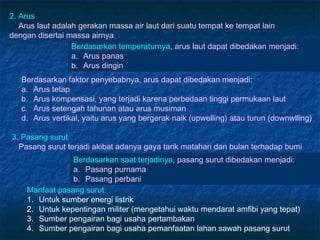 2. Arus
   Arus laut adalah gerakan massa air laut dari suatu tempat ke tempat lain
dengan disertai massa airnya
                  Berdasarkan temperaturnya, arus laut dapat dibedakan menjadi:
                  a. Arus panas
                  b. Arus dingin
   Berdasarkan faktor penyebabnya, arus dapat dibedakan menjadi:
   a. Arus tetap
   b. Arus kompensasi, yang terjadi karena perbedaan tinggi permukaan laut
   c. Arus setengah tahunan atau arus musiman
   d. Arus vertikal, yaitu arus yang bergerak naik (upwelling) atau turun (downwlling)

3. Pasang surut
  Pasang surut terjadi akibat adanya gaya tarik matahari dan bulan terhadap bumi
                Berdasarkan saat terjadinya, pasang surut dibedakan menjadi:
                a. Pasang purnama
                b. Pasang perbani
    Manfaat pasang surut:
    1. Untuk sumber energi listrik
    2. Untuk kepentingan militer (mengetahui waktu mendarat amfibi yang tepat)
    3. Sumber pengairan bagi usaha pertambakan
    4. Sumber pengairan bagi usaha pemanfaatan lahan sawah pasang surut
 