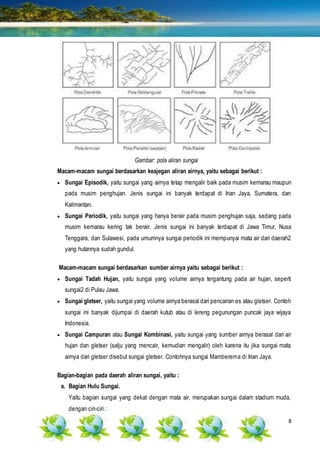 8
Gambar: pola aliran sungai
Macam-macam sungai berdasarkan keajegan aliran airnya, yaitu sebagai berikut :
 Sungai Episodik, yaitu sungai yang airnya tetap mengalir baik pada musim kemarau maupun
pada musim penghujan. Jenis sungai ini banyak terdapat di Irian Jaya, Sumatera, dan
Kalimantan.
 Sungai Periodik, yaitu sungai yang hanya berair pada musim penghujan saja, sedang pada
musim kemarau kering tak berair. Jenis sungai ini banyak terdapat di Jawa Timur, Nusa
Tenggara, dan Sulawesi, pada umumnya sungai periodik ini mempunyai mata air dari daerah2
yang hutannya sudah gundul.
Macam-macam sungai berdasarkan sumber airnya yaitu sebagai berikut :
 Sungai Tadah Hujan, yaitu sungai yang volume airnya tergantung pada air hujan, seperti
sungai2 di Pulau Jawa.
 Sungai gletser, yaitu sungai yang volume airnya berasal dari pencairan es atau gletser. Contoh
sungai ini banyak dijumpai di daerah kutub atau di lereng pegunungan puncak jaya wijaya
Indonesia.
 Sungai Campuran atau Sungai Kombinasi, yaitu sungai yang sumber airnya berasal dari air
hujan dan gletser (salju yang mencair, kemudian mengalir) oleh karena itu jika sungai mata
airnya dari gletser disebut sungai gletser. Contohnya sungai Mamberema di Irian Jaya.
Bagian-bagian pada daerah aliran sungai, yaitu :
a. Bagian Hulu Sungai.
Yaitu bagian sungai yang dekat dengan mata air, merupakan sungai dalam stadium muda,
dengan ciri-ciri :
 