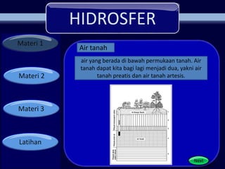 HIDROSFER
Materi 1
Materi 2
Materi 3
Latihan
Next
air yang berada di bawah permukaan tanah. Air
tanah dapat kita bagi lagi menjadi dua, yakni air
tanah preatis dan air tanah artesis.
Air tanah
 