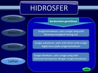 HIDROSFER
Materi 1
Materi 2
Materi 3
Latihan
Berdasarkan genetiknya
Next
Sungai obsekuen, yaitu sungai yang arah
alirannya beriawanan dengan sungai konsekuen.
Sungai konsekuen, yaitu sungai yang arah
alirannya mengikuti lereng asli.
Sungai subsekuen, yaitu arah aliran anak sungai
tegak lurus pada sungai konsekuen
 