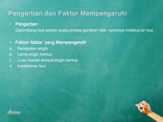 • Pengertian
     Gelombang laut adalah suatu proses gerakan naik- turunnya molekul air laut.


• Faktor- faktor yang Mempengaruhi
a.    Kecepatan angin
b.    Lama angin bertiup
c.    Luas daerah tempat angin bertiup
d.    Kedalaman laut
 