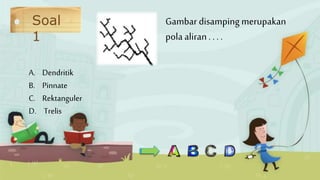 Soal
1
A. Dendritik
B. Pinnate
C. Rektanguler
D. Trelis
Gambar disampingmerupakan
polaaliran. . . .
 