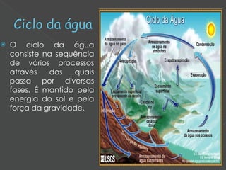 O ciclo da água consiste na sequência de vários processos através dos quais passa por diversas fases. É mantido pela energia do sol e pela força da gravidade.  