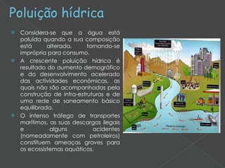Poluição hídrica Considera-se que a água está poluída quando a sua composição está alterada, tornando-se imprópria para consumo. A crescente poluição hídrica é resultado do aumento demográfico e do desenvolvimento acelerado das actividades económicas, as quais não são acompanhadas pela construção de infra-estruturas e de uma rede de saneamento básico equilibrada. O intenso tráfego de transportes marítimos, as suas descargas ilegais e alguns acidentes (nomeadamente com petroleiros) constituem ameaças graves para os ecossistemas aquáticos. 