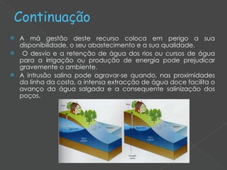 A má gestão deste recurso coloca em perigo a sua disponibilidade, o seu abastecimento e a sua qualidade. O desvio e a retenção de água dos rios ou cursos de água para a irrigação ou produção de energia pode prejudicar gravemente o ambiente. A intrusão salina pode agravar-se quando, nas proximidades da linha da costa, a intensa extracção de água doce facilita o avanço da água salgada e a consequente salinização dos poços. Continuação 