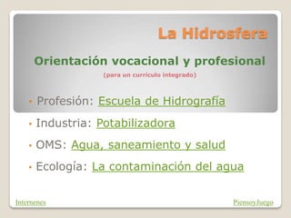La Hidrosfera
Orientación vocacional y profesional
(para un currículo integrado)
• Profesión: Escuela de Hidrografía
• Industria: Potabilizadora
• OMS: Agua, saneamiento y salud
• Ecología: La contaminación del agua
PiensoyJuegoInternenes
 