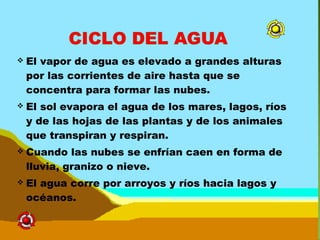  El vapor de agua es elevado a grandes alturas
por las corrientes de aire hasta que se
concentra para formar las nubes.
 El sol evapora el agua de los mares, lagos, ríos
y de las hojas de las plantas y de los animales
que transpiran y respiran.
 Cuando las nubes se enfrían caen en forma de
lluvia, granizo o nieve.
 El agua corre por arroyos y ríos hacia lagos y
océanos.
 