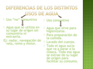  Uso “no” consuntivo
 Agua que se utiliza en
su lugar de origen sin
consumirla ni
extraerla.
Ej: nadar, navegación de
vela, remo y motor.
 Uso consuntivo
 Agua que sirve para
higienizarse.
 Para preparación de
la comida.
 Lavado del cuerpo.
 Todo el agua sucia
que va a parar a la
cloaca. Toda esa agua
se extrae de su lugar
de origen para
facilitar su consumo.
 