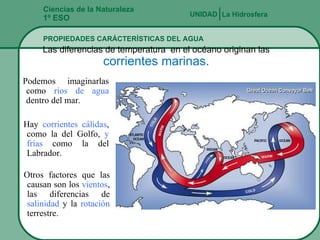 Ciencias de la Naturaleza 1º ESO PROPIEDADES CARÁCTERÍSTICAS DEL AGUA La Hidrosfera UNIDAD   Las diferencias de temperatura  en el océano originan las  corrientes marinas. Hay  corrientes cálidas , como la del Golfo,  y frías  como la del Labrador. Podemos imaginarlas como  ríos de agua  dentro del mar. Otros factores que las causan son los  vientos , las diferencias de  salinidad  y la  rotación  terrestre. 
