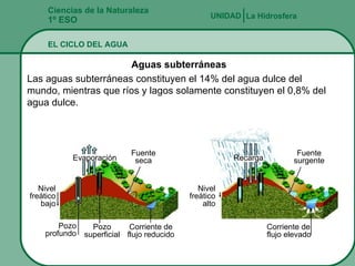 Ciencias de la Naturaleza 1º ESO La Hidrosfera UNIDAD   EL CICLO DEL AGUA Aguas subterráneas Las aguas subterráneas constituyen el 14% del agua dulce del mundo, mientras que ríos y lagos solamente constituyen el 0,8% del agua dulce. Evaporación Recarga Nivel freático bajo Nivel freático alto Pozo profundo Pozo superficial Corriente de flujo reducido Fuente seca Fuente surgente Corriente de flujo elevado 