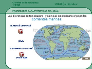 Ciencias de la Naturaleza 1º ESO PROPIEDADES CARÁCTERÍSTICAS DEL AGUA La Hidrosfera UNIDAD   Las diferencias de temperatura  y salinidad en el océano originan las  corrientes marinas. el agua menos  salada  o más caliente SUBE   el agua más salada y más fría BAJA                            