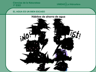 Ciencias de la Naturaleza 1º ESO EL AGUA ES UN BIEN ESCASO La Hidrosfera UNIDAD   Hábitos de ahorro de agua 