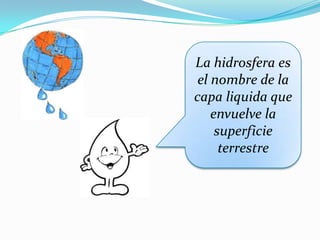 La hidrosfera es
 el nombre de la
capa liquida que
    envuelve la
     superficie
      terrestre
 