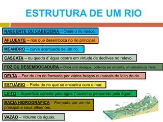 ESTRUTURA DE UM RIO
NASCENTE OU CABECEIRA – Onde o rio nasce.
AFLUENTE – rios que desemboca no rio principal.
MEANDRO – curva acentuada de um rio.
CASCATA – ou queda d’ água ocorre em virtude de declives no relevo.
FOZ OU DESEMBOCADURA – Onde o rio deságua, podendo ser um delta, um estuário ou mista.
DELTA – Foz de um rio formada por vários braços ou canais do leito do rio.
ESTUÁRIO – Parte do rio que se encontra com o mar.
LEITO – Superfície coberta pela água (“caminho percorrido pela água”.
BACIA HIDROGRÁFICA – Formada por um rio
principal e seus afluentes.
VAZÃO – Volume de águas.
 
