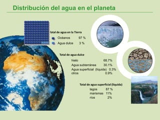 Distribución del agua en el planeta
Total de agua en la Tierra
Océanos 97 %
Agua dulce 3 %
Total de agua dulce
hielo 68.7%
Agua superficial (líquida) 0.3%
otros 0.9%
Agua subterránea 30.1%
lagos 87 %
marismas 11%
Total de agua superficial (líquida)
ríos 2%
 