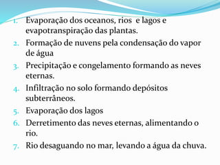 1. Evaporação dos oceanos, rios e lagos e
evapotranspiração das plantas.
2. Formação de nuvens pela condensação do vapor
de água
3. Precipitação e congelamento formando as neves
eternas.
4. Infiltração no solo formando depósitos
subterrâneos.
5. Evaporação dos lagos
6. Derretimento das neves eternas, alimentando o
rio.
7. Rio desaguando no mar, levando a água da chuva.
 