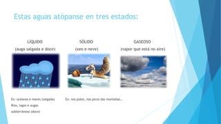 Estas aguas atópanse en tres estados:
LÍQUIDO SÓLIDO GASEOSO
(auga salgada e doce) (xeo e neve) (vapor que está no aire)
Ex: océanos e mares (salgada) Ex: nos polos, nos picos das montañas…
Ríos, lagos e augas
subterráneas (doce)
 