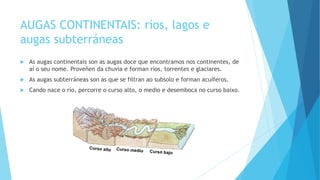 AUGAS CONTINENTAIS: ríos, lagos e
augas subterráneas
 As augas continentais son as augas doce que encontramos nos continentes, de
aí o seu nome. Proveñen da chuvia e forman ríos, torrentes e glaciares.
 As augas subterráneas son as que se filtran ao subsolo e forman acuíferos.
 Cando nace o río, percorre o curso alto, o medio e desemboca no curso baixo.
 
