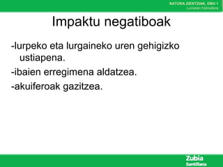 NATURA ZIENTZIAK, DBH 1
Lurraren hidrosfera
Impaktu negatiboak
-lurpeko eta lurgaineko uren gehigizko
ustiapena.
-ibaien erregimena aldatzea.
-akuiferoak gazitzea.
 
