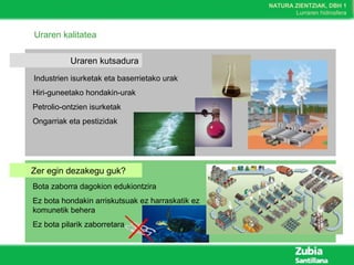 NATURA ZIENTZIAK, DBH 1
Lurraren hidrosfera
Uraren kalitatea
Uraren kutsadura
Industrien isurketak eta baserrietako urak
Hiri-guneetako hondakin-urak
Petrolio-ontzien isurketak
Ongarriak eta pestizidak
Zer egin dezakegu guk?
Bota zaborra dagokion edukiontzira
Ez bota hondakin arriskutsuak ez harraskatik ez
komunetik behera
Ez bota pilarik zaborretara
 