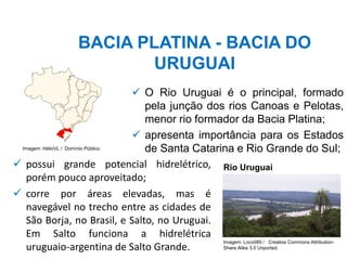 BACIA PLATINA - BACIA DO
URUGUAI
✓ O Rio Uruguai é o principal, formado
pela junção dos rios Canoas e Pelotas,
menor rio formador da Bacia Platina;
✓ apresenta importância para os Estados
de Santa Catarina e Rio Grande do Sul;
✓ possui grande potencial hidrelétrico,
porém pouco aproveitado;
✓ corre por áreas elevadas, mas é
navegável no trecho entre as cidades de
São Borja, no Brasil, e Salto, no Uruguai.
Em Salto funciona a hidrelétrica
uruguaio-argentina de Salto Grande.
Imagem: HélioVL / Domínio Público.
Rio Uruguai
Imagem: Loco085 / Creative Commons Attribution-
Share Alike 3.0 Unported.
 