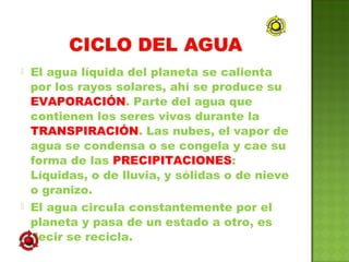  El agua líquida del planeta se calienta
por los rayos solares, ahí se produce su
EVAPORACIÓN. Parte del agua que
contienen los seres vivos durante la
TRANSPIRACIÓN. Las nubes, el vapor de
agua se condensa o se congela y cae su
forma de las PRECIPITACIONES:
Líquidas, o de lluvia, y sólidas o de nieve
o granizo.
 El agua circula constantemente por el
planeta y pasa de un estado a otro, es
decir se recicla.
 