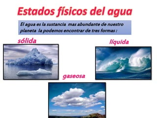 El agua es la sustancia mas abundante de nuestro
planeta la podemos encontrar de tres formas :
sólida líquida
gaseosa
 