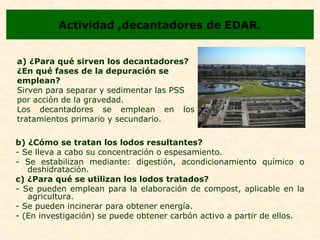 Actividad ,decantadores de EDAR.
b) ¿Cómo se tratan los lodos resultantes?
- Se lleva a cabo su concentración o espesamiento.
- Se estabilizan mediante: digestión, acondicionamiento químico o
deshidratación.
c) ¿Para qué se utilizan los lodos tratados?
- Se pueden emplean para la elaboración de compost, aplicable en la
agricultura.
- Se pueden incinerar para obtener energía.
- (En investigación) se puede obtener carbón activo a partir de ellos.
a) ¿Para qué sirven los decantadores?
¿En qué fases de la depuración se
emplean?
Sirven para separar y sedimentar las PSS
por acción de la gravedad.
Los decantadores se emplean en los
tratamientos primario y secundario.
 