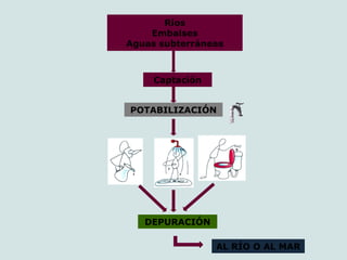 Ríos
Embalses
Aguas subterráneas
Captación
POTABILIZACIÓN
DEPURACIÓN
AL RÍO O AL MAR
 