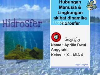 Hubungan
Manusia &
Lingkungan
akibat dinamika
Hidrosfer
Geografi 3
Nama : Aprilia Dwui
Anggraini
Kelas : X – MIA 4
17/05/2015
Tugas Geografi
 