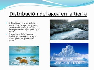 Distribución del agua en la tierra
 Si dividiéramos la superficie
terrestre en cien partes iguales,
aproximadamente 70 de ella,
correspondería a agua y solo 30 a
tierra.
 El agua total de la tierra se
distribuye en un 97% de agua
salada y solo un 3% de agua
dulce.
 
