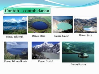 Danau Tektonik Danau Maar Danau Kawah
Danau Tektovulkanik
Danau Karst
Contoh – contoh danau
Danau Glasial
Danau Buatan
 