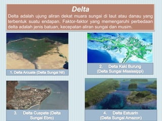 Delta
Delta adalah ujung aliran dekat muara sungai di laut atau danau yang
terbentuk suatu endapan. Faktor-faktor yang memengaruhi perbedaan
delta adalah jenis batuan, kecepatan aliran sungai dan musim.
 