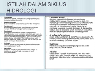 ISTILAH DALAM SIKLUS
HIDROLOGI
 Transpirasi
Transpirasi adalah evaporasi atau penguapan air yang
terkandung dalam tumbuha
 Evapotranspirasi
Evaporasi adalah perpaduan evaporasi dan transpirasi
 Kondensasi
Kondensasi adalah proses perubahan wujud uap air
menjadi titik-titik air sebagai hasil pendinginan.
 Presipitasi
Presipitasi adalah segala bentuk curahan air atau
hujan.Sebagian besar presipitasi terjadi sebagai hujan air,
namun ada juga presipitasi yang berupa hujan salju, hujan
es (hail), kabut menetes (fog drip), graupel, dan hujan es
(sleet).Sekitar 505.000 km3 (121.000 cu mil) air jatuh
sebagai presipitasi setiap tahunnya, 398.000 km3 (95.000
cu mi) dari terjadi di atas lautan.
 Infiltrasi
Infiltrasi adalah air yang jatuh ke permukaan tanah dan
meresap ke dalam tanah.
 Perkolasi
Perkolasi adalah air yang meresap terus sampai ke
kedalaman tertentu hingga mencapai air tanah
atau groundwater
 Limpasan (runoff)
Air yang mengalir di atas permukaan tanah
melalui parit, sungai, hingga menuju ke laut. Ini
mencakup baik limpasan permukaan (surface runoff)
dan limpasan saluran (channel runoff).Karena
mengalir, air dapat merembes ke dalam tanah,
menguap ke udara, menjadi disimpan di danau atau
waduk, atau di ekstraksi untuk memenuhi kebutuhan
manusia seperti pertanian dan lain sebagainya.
 ArusBawahPermukaan
Aliran air bawah tanah, di zona Vadosedanakuifer. Air
bawah permukaan dapat kembali ke permukaan atau
akhirnya meresap ke dalam lautan.

Sublimasi
Perubahan wujud secara langsung dari air padat
(salju atau es) untuk uap air.
 Adveksi
Gerakan air – dalam wujud padat, cair, atau uap –
melalui atmosfer.Tanpa adveksi, air yang menguap
dari lautan tidak bias jatuh sebagai presipitasi di atas
tanah
 