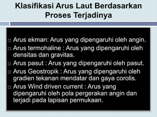  Arus ekman: Arus yang dipengaruhi oleh angin.
 Arus termohaline : Arus yang dipengaruhi oleh
densitas dan gravitas.
 Arus pasut : Arus yang dipengaruhi oleh pasut.
 Arus Geostropik : Arus yang dipengaruhi oleh
gradien tekanan mendatar dan gaya corolis.
 Arus Wind driven current : Arus yang
dipengaruhi oleh pola pergerakan angin dan
terjadi pada lapisan permukaan.
Klasifikasi Arus Laut Berdasarkan
Proses Terjadinya
 