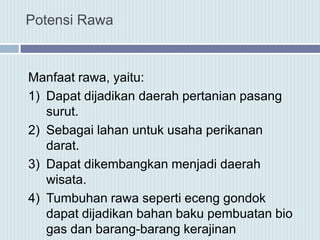 Potensi Rawa
Manfaat rawa, yaitu:
1) Dapat dijadikan daerah pertanian pasang
surut.
2) Sebagai lahan untuk usaha perikanan
darat.
3) Dapat dikembangkan menjadi daerah
wisata.
4) Tumbuhan rawa seperti eceng gondok
dapat dijadikan bahan baku pembuatan bio
gas dan barang-barang kerajinan
 