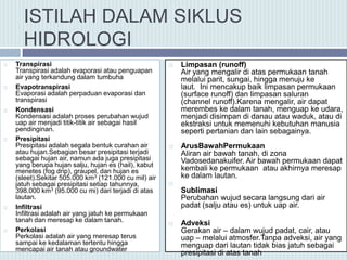 ISTILAH DALAM SIKLUS
HIDROLOGI
 Transpirasi
Transpirasi adalah evaporasi atau penguapan
air yang terkandung dalam tumbuha
 Evapotranspirasi
Evaporasi adalah perpaduan evaporasi dan
transpirasi
 Kondensasi
Kondensasi adalah proses perubahan wujud
uap air menjadi titik-titik air sebagai hasil
pendinginan.
 Presipitasi
Presipitasi adalah segala bentuk curahan air
atau hujan.Sebagian besar presipitasi terjadi
sebagai hujan air, namun ada juga presipitasi
yang berupa hujan salju, hujan es (hail), kabut
menetes (fog drip), graupel, dan hujan es
(sleet).Sekitar 505.000 km3 (121.000 cu mil) air
jatuh sebagai presipitasi setiap tahunnya,
398.000 km3 (95.000 cu mi) dari terjadi di atas
lautan.
 Infiltrasi
Infiltrasi adalah air yang jatuh ke permukaan
tanah dan meresap ke dalam tanah.
 Perkolasi
Perkolasi adalah air yang meresap terus
sampai ke kedalaman tertentu hingga
mencapai air tanah atau groundwater
 Limpasan (runoff)
Air yang mengalir di atas permukaan tanah
melalui parit, sungai, hingga menuju ke
laut. Ini mencakup baik limpasan permukaan
(surface runoff) dan limpasan saluran
(channel runoff).Karena mengalir, air dapat
merembes ke dalam tanah, menguap ke udara,
menjadi disimpan di danau atau waduk, atau di
ekstraksi untuk memenuhi kebutuhan manusia
seperti pertanian dan lain sebagainya.
 ArusBawahPermukaan
Aliran air bawah tanah, di zona
Vadosedanakuifer. Air bawah permukaan dapat
kembali ke permukaan atau akhirnya meresap
ke dalam lautan.

Sublimasi
Perubahan wujud secara langsung dari air
padat (salju atau es) untuk uap air.
 Adveksi
Gerakan air – dalam wujud padat, cair, atau
uap – melalui atmosfer.Tanpa adveksi, air yang
menguap dari lautan tidak bias jatuh sebagai
presipitasi di atas tanah
 