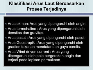  Arus ekman: Arus yang dipengaruhi oleh angin.
 Arus termohaline : Arus yang dipengaruhi oleh
densitas dan gravitas.
 Arus pasut : Arus yang dipengaruhi oleh pasut.
 Arus Geostropik : Arus yang dipengaruhi oleh
gradien tekanan mendatar dan gaya corolis.
 Arus Wind driven current : Arus yang
dipengaruhi oleh pola pergerakan angin dan
terjadi pada lapisan permukaan.
Klasifikasi Arus Laut Berdasarkan
Proses Terjadinya
 
