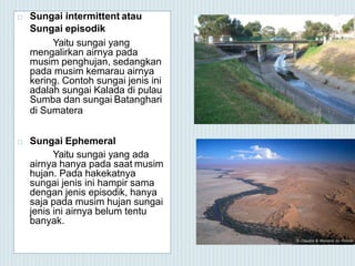  Sungai intermittent atau
Sungai episodik
Yaitu sungai yang
mengalirkan airnya pada
musim penghujan, sedangkan
pada musim kemarau airnya
kering. Contoh sungai jenis ini
adalah sungai Kalada di pulau
Sumba dan sungai Batanghari
di Sumatera
 Sungai Ephemeral
Yaitu sungai yang ada
airnya hanya pada saat musim
hujan. Pada hakekatnya
sungai jenis ini hampir sama
dengan jenis episodik, hanya
saja pada musim hujan sungai
jenis ini airnya belum tentu
banyak.
 