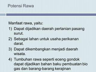 Potensi Rawa
Manfaat rawa, yaitu:
1) Dapat dijadikan daerah pertanian pasang
surut.
2) Sebagai lahan untuk usaha perikanan
darat.
3) Dapat dikembangkan menjadi daerah
wisata.
4) Tumbuhan rawa seperti eceng gondok
dapat dijadikan bahan baku pembuatan bio
gas dan barang-barang kerajinan
 