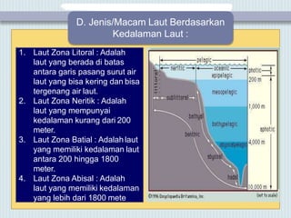 D. Jenis/Macam Laut Berdasarkan
Kedalaman Laut :
1. Laut Zona Litoral : Adalah
laut yang berada di batas
antara garis pasang surut air
laut yang bisa kering dan bisa
tergenang air laut.
2. Laut Zona Neritik : Adalah
laut yang mempunyai
kedalaman kurang dari 200
meter.
3. Laut Zona Batial : Adalah laut
yang memiliki kedalaman laut
antara 200 hingga 1800
meter.
4. Laut Zona Abisal : Adalah
laut yang memiliki kedalaman
yang lebih dari 1800 mete
 