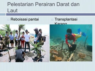 Pelestarian Perairan Darat dan
Laut
 Reboisasi pantai  Transplantasi
Karang
 