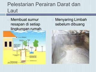  Membuat sumur
resapan di setiap
lingkungan rumah
 Menyaring Limbah
sebelum dibuang
Pelestarian Perairan Darat dan
Laut
 