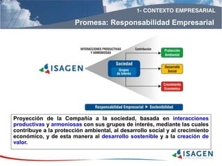 Proyección de la Compañía a la sociedad, basada en interacciones
productivas y armoniosas con sus grupos de interés, mediante las cuales
contribuye a la protección ambiental, al desarrollo social y al crecimiento
económico, y de esta manera al desarrollo sostenible y a la creación de
valor.
Promesa: Responsabilidad Empresarial
 